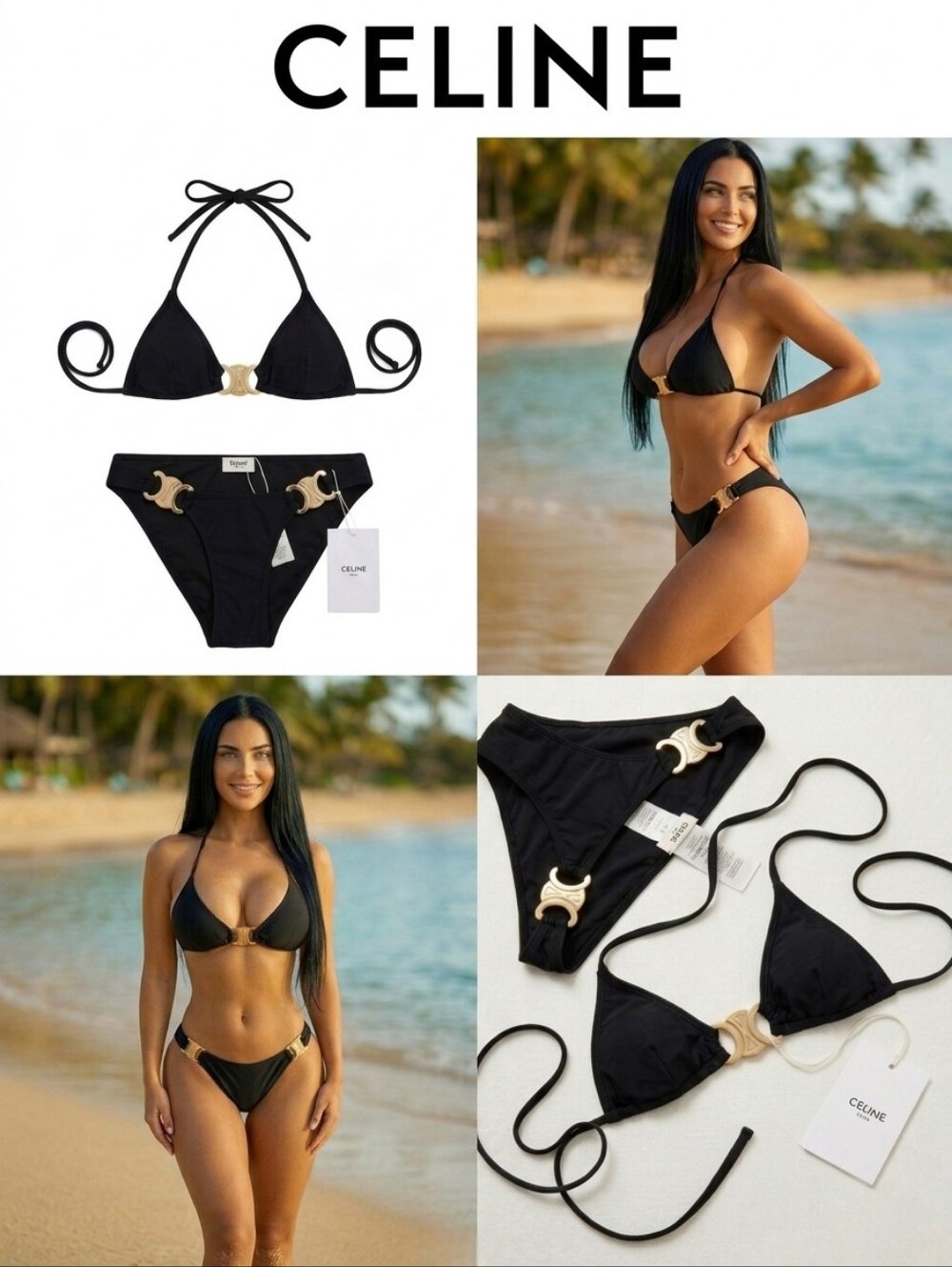 🔥NWT‼️✨CELINE✨ Black Bikini with Gold Triomphe Emblem Size XS to S